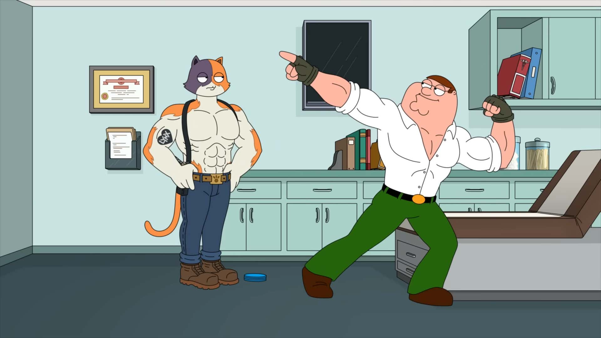 A screenshot shows the buff Peter Griffin appearing in an animated Fortnite short film. 